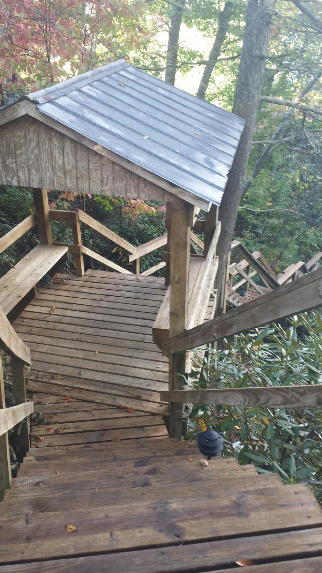 Metal roofed shelter over wooden steps on a wooded walkway in Nanjemoy